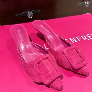 Fuchsia Suede Pointed Buckle Mule Heels